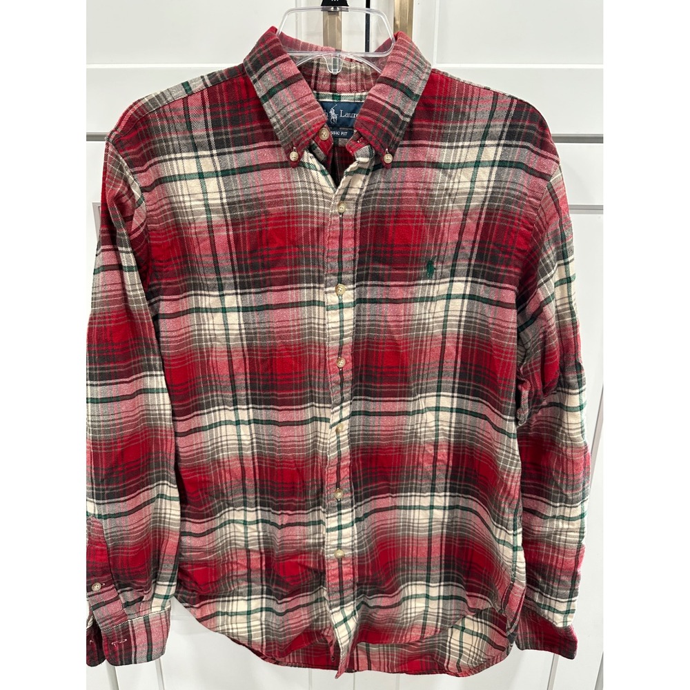 Polo Ralph Lauren Mens Classic Fit Flannel Plaid Button Down Shirt Red Green M